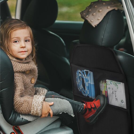 AiQInu 2 Stück Rückenlehnenschutz Auto, Autositz Schutz Rückseite Kinder mit 2 Großen Taschen, Oxford Rücksitzschoner (Schwarz)