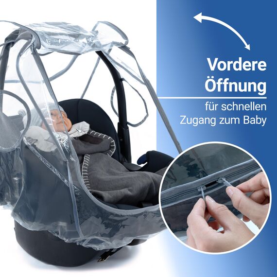 Zamboo Premium Regenschutz Babyschale mit großem Reißverschluss Fenster (z.B. passend für Maxi-Cosi, Cybex, Römer), Universal Regenverdeck für idealen Schutz und schnellen Kontakt - Transparent