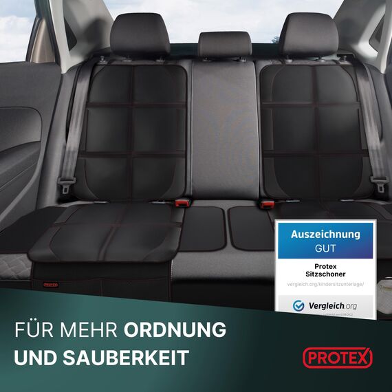 PROTEX© Kindersitzunterlage -ISOFIX-geeignet, Anti-RUTSCH-Unterfläche | Wasserabweisender & besonders hochwertiger 600D Stoff mit gepolsteter Sitzfläche (L, 2er Set), (Schwarz mit roten Nähten)