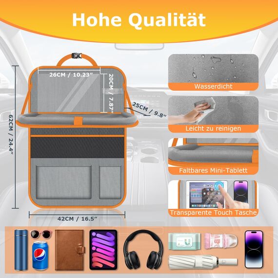 Oneyus Auto Organizer, 2 Stück Autositz Organizer Große Rückenlehnenschutz Auto Kinder Multifunktional Wasserdicht Rücksitz Organizer mit Klapptisch,Tablet Tasche und Viele Taschen-Grau Orange