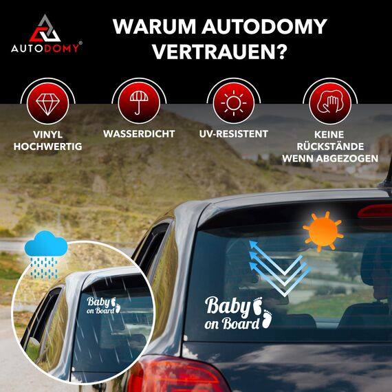 Autodomy 2 Stück Baby On Board Füße Hohe Sichtbarkeit aus großer Entfernung | Baby on Board Aufkleber Auto Für alle Fahrzeugtypen | 15x7 cm (Weiß)