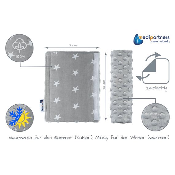 Medi Partners Gurtpolster Kinder Autogurt Polster Gurtschutz für Auto - 17x22cm 100% Baumwolle Minky Schulterpolster Kids Gurt Schutz Sicherheitsgurt (graue Sternen mit grauen Minky)