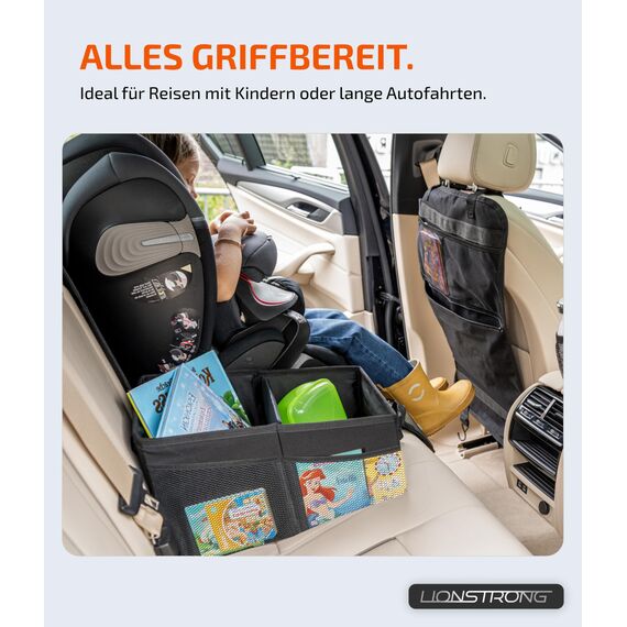 LIONSTRONG® Auto Organizer [EXTREM STABIL DURCH KUNSTSTOFFPLATTEN] - Universeller Rückbank Organizer für den Rücksitz & Beifahrersitz - Ideal für den Urlaub, viel Platz für Spielzeug - Wasserabweisend