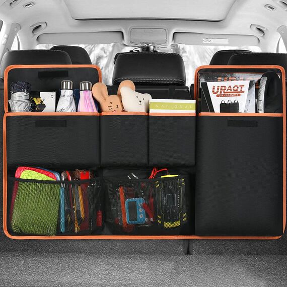 URAQT Kofferraum Organizer Auto,96x44 cm Großem Auto Aufbewahrungstasche Kofferraumtasche Wasserdichten Taschen Autositz Organizer mit 6 Taschenverstellbarem Riemen und 3 Befestigungsriemen