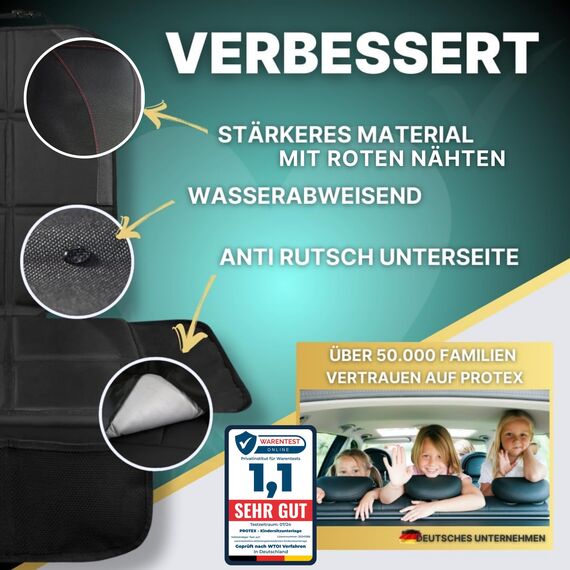 PROTEX© Kindersitzunterlage -ISOFIX-geeignet, Anti-RUTSCH-Unterfläche | Wasserabweisender & besonders hochwertiger 600D Stoff mit gepolsteter Sitzfläche (L, 2er Set), (Schwarz mit roten Nähten)