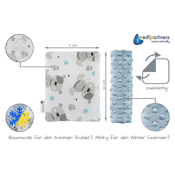 Medi Partners Gurtpolster Kinder 2 Stück Autogurt Polster Gurtschutz für Auto - 17x22cm 100% Baumwolle Minky Schulterpolster Kids Gurt Schutz Sicherheitsgurt (Teddybär mit hellblauen Minky)