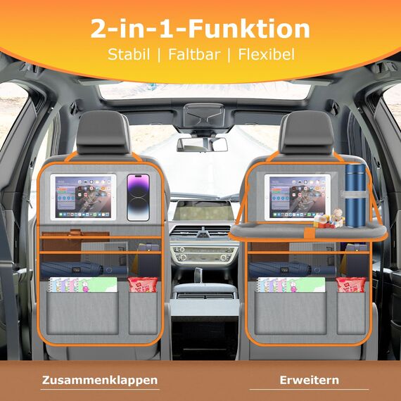 Oneyus Auto Organizer, 2 Stück Autositz Organizer Große Rückenlehnenschutz Auto Kinder Multifunktional Wasserdicht Rücksitz Organizer mit Klapptisch,Tablet Tasche und Viele Taschen-Grau Orange