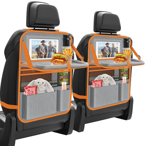 Oneyus Auto Organizer, 2 Stück Autositz Organizer Große Rückenlehnenschutz Auto Kinder Multifunktional Wasserdicht Rücksitz Organizer mit Klapptisch,Tablet Tasche und Viele Taschen-Grau Orange