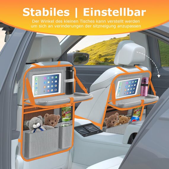 Oneyus Auto Organizer, 2 Stück Autositz Organizer Große Rückenlehnenschutz Auto Kinder Multifunktional Wasserdicht Rücksitz Organizer mit Klapptisch,Tablet Tasche und Viele Taschen-Grau Orange