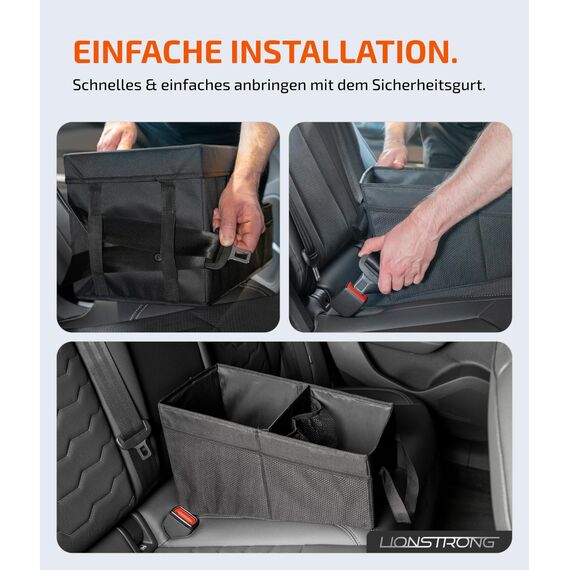 LIONSTRONG® Auto Organizer [EXTREM STABIL DURCH KUNSTSTOFFPLATTEN] - Universeller Rückbank Organizer für den Rücksitz & Beifahrersitz - Ideal für den Urlaub, viel Platz für Spielzeug - Wasserabweisend