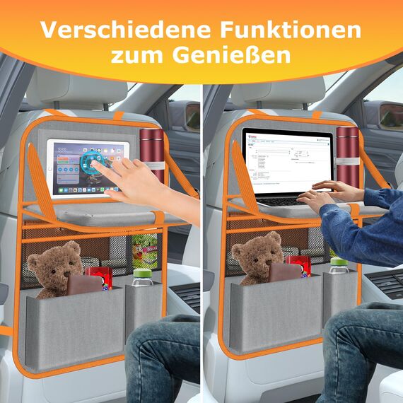 Oneyus Auto Organizer, 2 Stück Autositz Organizer Große Rückenlehnenschutz Auto Kinder Multifunktional Wasserdicht Rücksitz Organizer mit Klapptisch,Tablet Tasche und Viele Taschen-Grau Orange