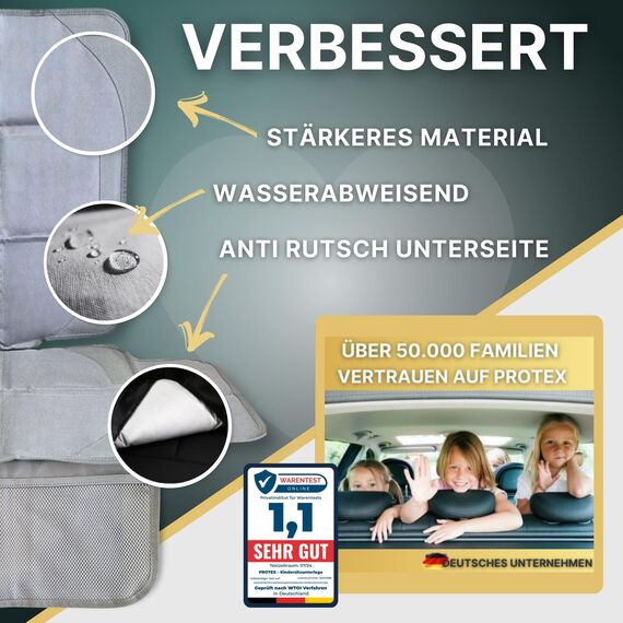 PROTEX© Kindersitzunterlage - ISOFIX-geeignet, Anti-RUTSCH-Unterfläche | Wasserabweisender & besonders hochwertiger 600D Stoff mit gepolsteter Sitzfläche (L, 2er Set), (grau)