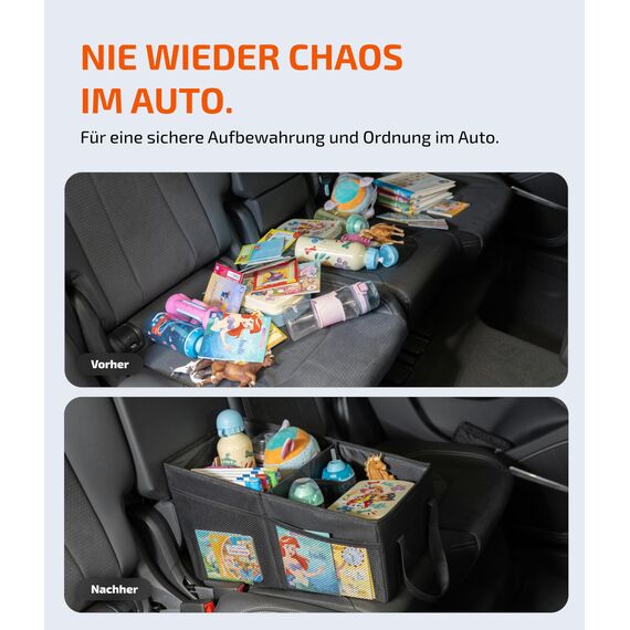 LIONSTRONG® Auto Organizer [EXTREM STABIL DURCH KUNSTSTOFFPLATTEN] - Universeller Rückbank Organizer für den Rücksitz & Beifahrersitz - Ideal für den Urlaub, viel Platz für Spielzeug - Wasserabweisend