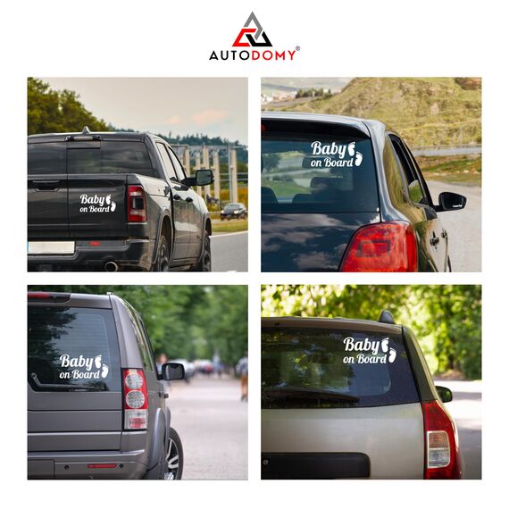 Autodomy 2 Stück Baby On Board Füße Hohe Sichtbarkeit aus großer Entfernung | Baby on Board Aufkleber Auto Für alle Fahrzeugtypen | 15x7 cm (Weiß)