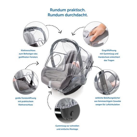 Universal Komfort Regenschutz für Babyschale (z.B. Maxi-Cosi/Cybex/Römer) - gute Luftzirkulation, verschließbares Kontakt-Fenster, Eingriffsöffnung für Tragegriff, PVC-frei (Packung mit 2)