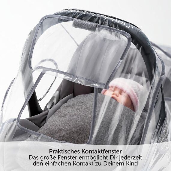 Universal Komfort Regenschutz für Babyschale (z.B. Maxi-Cosi/Cybex/Römer) - gute Luftzirkulation, verschließbares Kontakt-Fenster, Eingriffsöffnung für Tragegriff, PVC-frei
