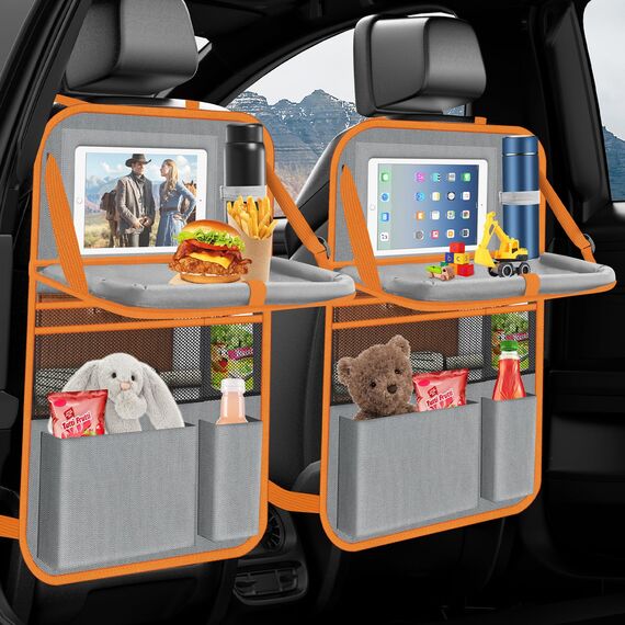 Oneyus Auto Organizer, 2 Stück Autositz Organizer Große Rückenlehnenschutz Auto Kinder Multifunktional Wasserdicht Rücksitz Organizer mit Klapptisch,Tablet Tasche und Viele Taschen-Grau Orange