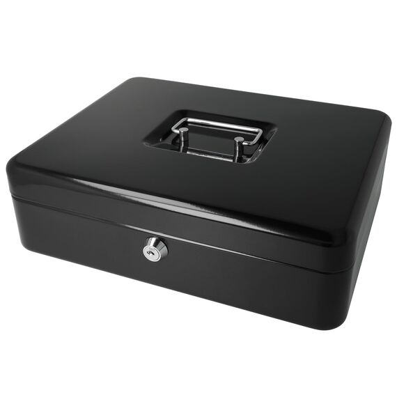 Westcott Geldkassette abschließbar (groß, 30 cm) Schwarz | Abschließbare Box aus Stahlblech mit 2 Schlüsseln | Herausnehmbare Einlage für Münzen mit 5 Fächern | E-51002 BLACK