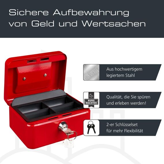Burg-Wächter 40040 Geldkassette abschließbar mit Schlüssel und Hartgeldeinsatz, Klein, Stahlblech, Money 5015, Rot