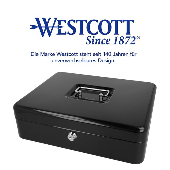 Westcott Geldkassette abschließbar (groß, 30 cm) Schwarz | Abschließbare Box aus Stahlblech mit 2 Schlüsseln | Herausnehmbare Einlage für Münzen mit 5 Fächern | E-51002 BLACK