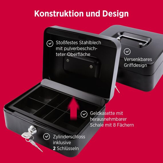 Olympia CB 700 Plus Geldkassette inklusive GENIE Falschgeldprüfer (aus pulverbeschichtetem Stahl, versenkbarer Griff, mit 5-Fächer-Münzeinsatz, Sicherheits-Zylinderschloss, 20 x 16 x 9 cm), schwarz