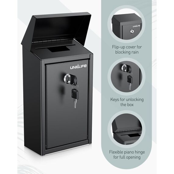 Uniclife Briefkasten Schlüsselkasten für den Außenbereich, Metall Spendensammelbox mit Schlüsselschloss, sichere Vorschlagsbox Einwurfschlitz, Geldkassette Stahl für Home Office und Business