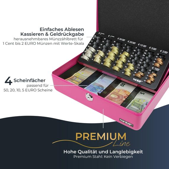 HMF 10015-15 Geldkassette abschließbar mit Münzzählbrett | 30 x 24 x 9 cm | Pink