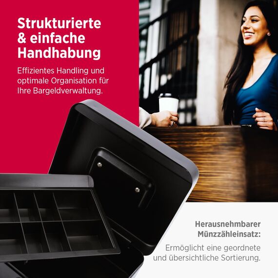 Olympia CB 700 Plus Geldkassette inklusive GENIE Falschgeldprüfer (aus pulverbeschichtetem Stahl, versenkbarer Griff, mit 5-Fächer-Münzeinsatz, Sicherheits-Zylinderschloss, 20 x 16 x 9 cm), schwarz
