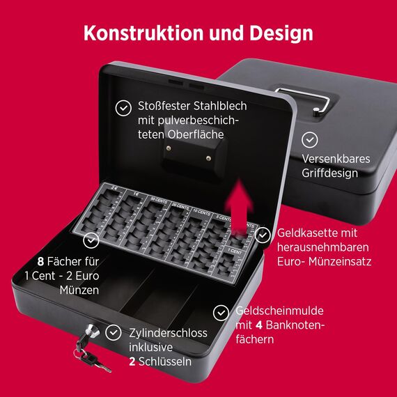 Olympia 6031 CB 770 Plus Geldkassette | Geldkasse abschließbar mit Schlüssel | Handkasse mit Münzzählbrett | Kasse für Bargeld | Geld Kassette aus Stahl | Inkl. GENIE Falschgeldprüfer