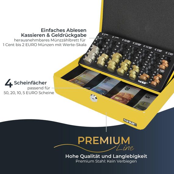 HMF 10015-17 Geldkassette abschließbar mit Münzzählbrett | 30 x 24 x 9 cm | Gelb