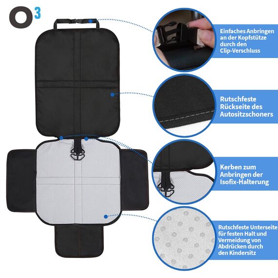 O³ Sitzschoner Auto Kindersitz, 1 Stück Autositzschoner Isofix, rutschfeste Autositzauflage, Rücksitzschoner für Babyschale, Kindersitzunterlage, Sitzauflage Haustiere