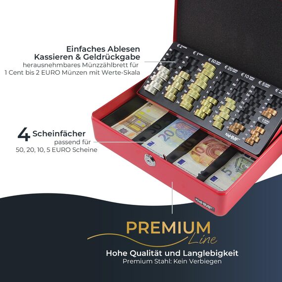 HMF 10015-03 Geldkassette abschließbar mit Münzzählbrett | 30 x 24 x 9 cm | Rot