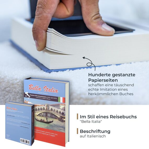 HMF 80935 Buchtresor, getarnte Geldkassette, echte Papierseiten, "Bella Italia", 23 x 15 x 4 cm, Beschriftung in Italienisch