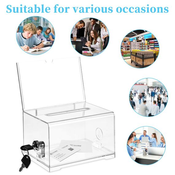 Acrylspendenbox, Spendenbox Abschließbar, Wahlurne Transparent mit Schlüssel Schloss und Schildhalter, Vorschlagsbox, für Abstimmungen, Visitenkarten, Gewinnspiele, Wettbewerbe, Kommentare