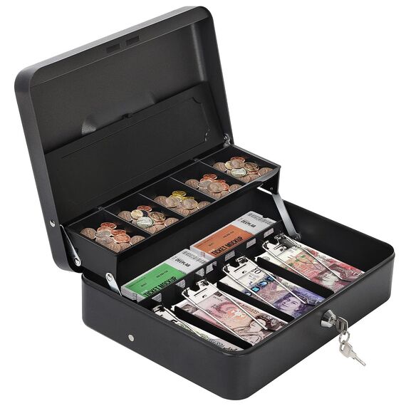 HAITRAL Geldkassette abschließbar, Banknoten und Münzsafe, Geldkasse aus Metall, Tragbare große Geldkassette mit 2 Schlüsseln - B 30 x T 24 x H 9 cm, Schwarz