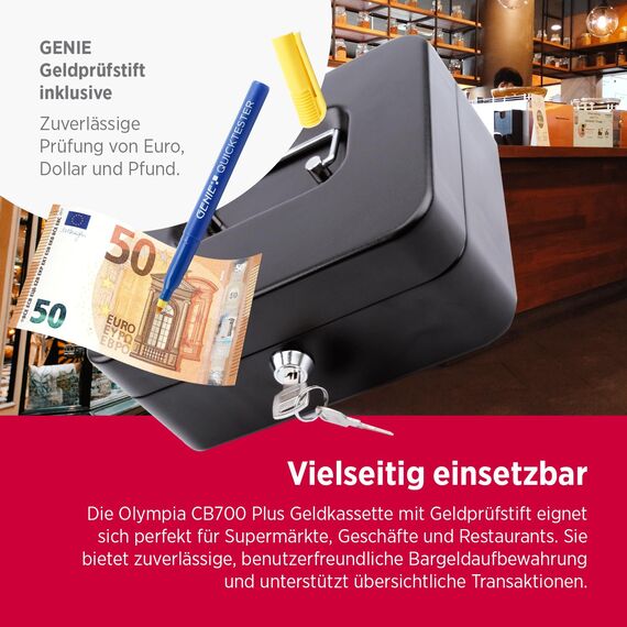 Olympia CB 700 Plus Geldkassette inklusive GENIE Falschgeldprüfer (aus pulverbeschichtetem Stahl, versenkbarer Griff, mit 5-Fächer-Münzeinsatz, Sicherheits-Zylinderschloss, 20 x 16 x 9 cm), schwarz