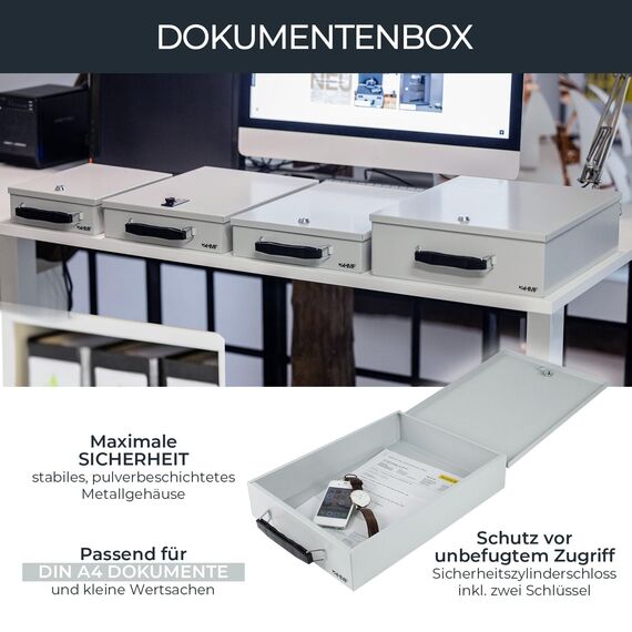 HMF 141-07 Abschließbare Dokumentenkassette | 37,5 x 26,5 x 8 cm | DIN A4 | Lichtgrau