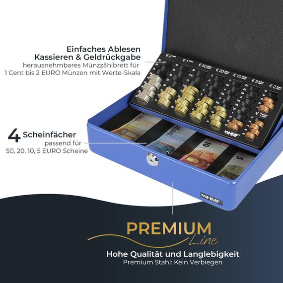 HMF 10015-05 Geldkassette abschließbar mit Münzzählbrett | 30 x 24 x 9 cm | Blau