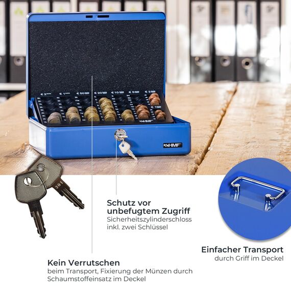 HMF 10015-05 Geldkassette abschließbar mit Münzzählbrett | 30 x 24 x 9 cm | Blau