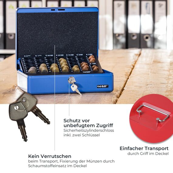 HMF 10015-03 Geldkassette abschließbar mit Münzzählbrett | 30 x 24 x 9 cm | Rot