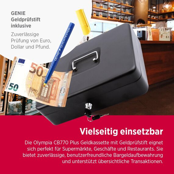 Olympia 6031 CB 770 Plus Geldkassette | Geldkasse abschließbar mit Schlüssel | Handkasse mit Münzzählbrett | Kasse für Bargeld | Geld Kassette aus Stahl | Inkl. GENIE Falschgeldprüfer
