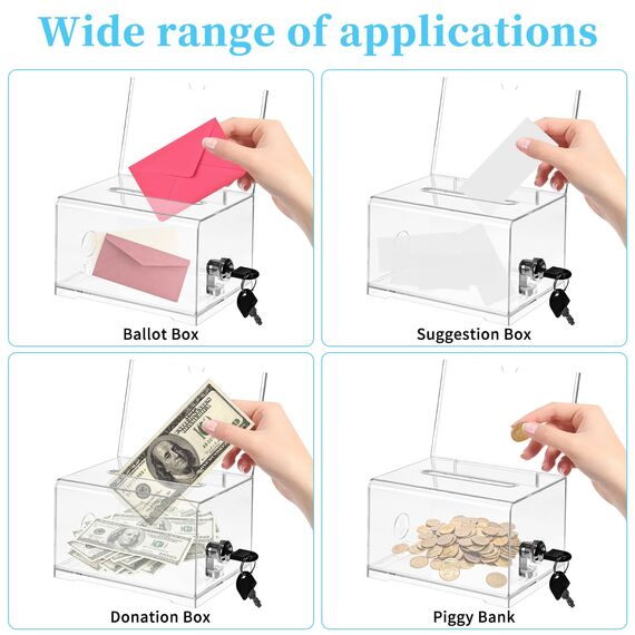 Acrylspendenbox, Spendenbox Abschließbar, Wahlurne Transparent mit Schlüssel Schloss und Schildhalter, Vorschlagsbox, für Abstimmungen, Visitenkarten, Gewinnspiele, Wettbewerbe, Kommentare