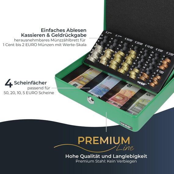 HMF 10015-06 Geldkassette abschließbar mit Münzzählbrett | 30 x 24 x 9 cm | Grün