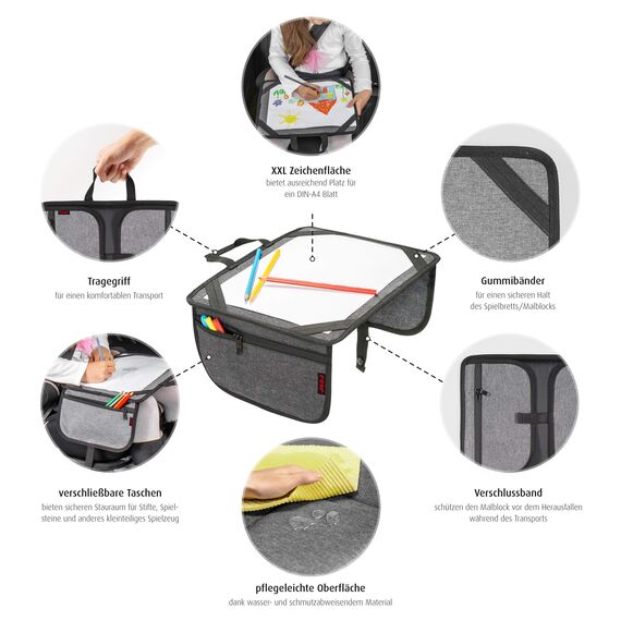 Reer Malunterlage für unterwegs TravelKid Play, leicht und stabil, praktische Taschen, wasserabweisend, schmutzabweisend, grau (Packung mit 2)