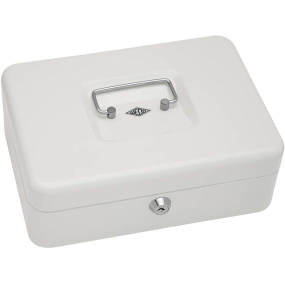Wedo 145300X Geldkassette (aus pulverbeschichtetem Stahl, versenkbarer Griff, 5-Fächer-Münzeinsatz, Sicherheits-Zylinderschloss, 25 x 18 x 9 cm) weiß