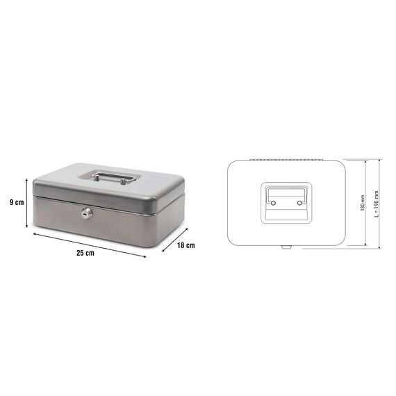 MAUL Geldkassette 3 aus Stahl | abschließbar | Münzgeld-Einsatz herausnehmbar | 25 x 19 x 9 cm | Kasse mit 2 Schlüsseln | geeignet als Spardose | kleiner Safe, Tresor, Trinkgeldkasse | Silber