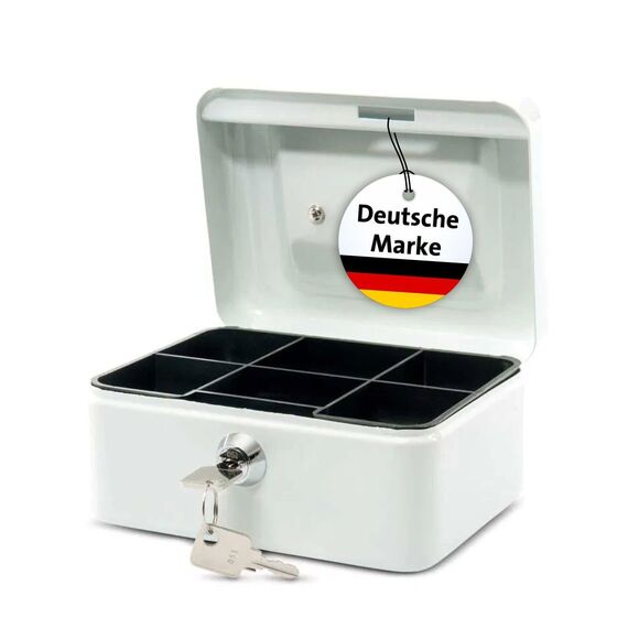 MAUL Geldkassette 2 aus Stahl | abschließbar | Münzgeld-Einsatz herausnehmbar | 20 x 17 x 9 cm | Kasse mit 2 Schlüsseln | geeignet als Spardose | kleiner Safe, Tresor, Trinkgeldkasse | Weiß
