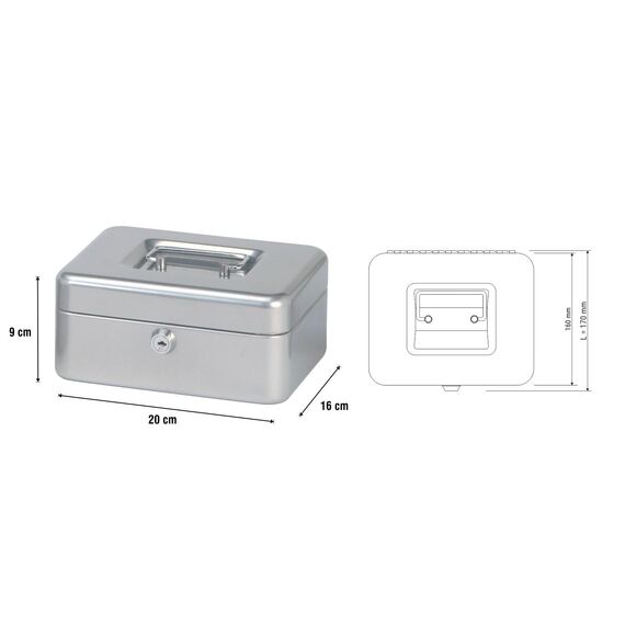 MAUL Geldkassette 2 aus Stahl | abschließbar | Münzgeld-Einsatz herausnehmbar | 20 x 17 x 9 cm | Kasse mit 2 Schlüsseln | geeignet als Spardose | kleiner Safe, Tresor, Trinkgeldkasse | Silber