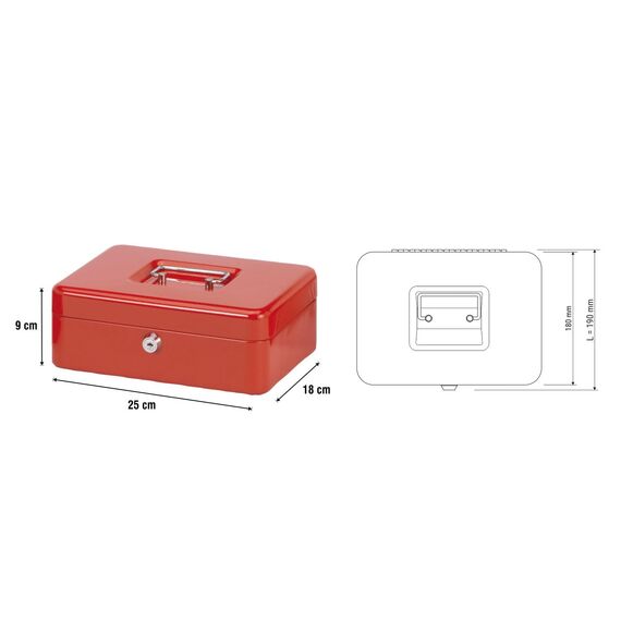 MAUL Geldkassette 3 aus Stahl | abschließbar | Münzgeld-Einsatz herausnehmbar | 25 x 19 x 9 cm | Kasse mit 2 Schlüsseln | geeignet als Spardose | kleiner Safe, Tresor, Trinkgeldkasse | Rot