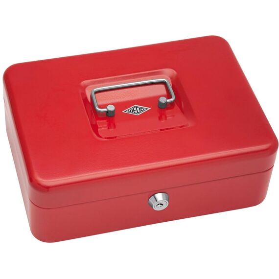 Wedo 145302X Geldkassette (aus pulverbeschichtetem Stahl, versenkbarer Griff, 5-Fächer-Münzeinsatz, Sicherheits-Zylinderschloss, 25 x 18 x 9 cm) rot